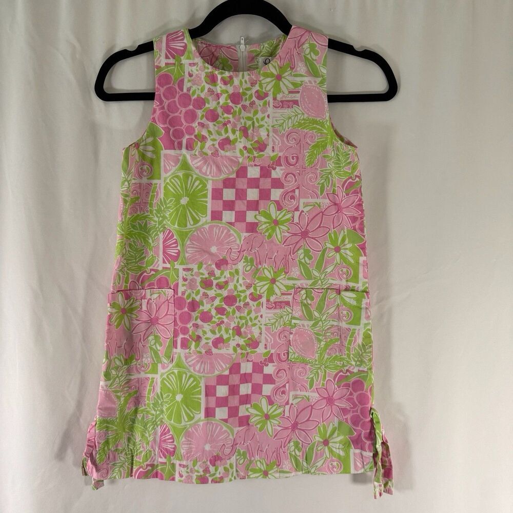 Vintage Lilly Pulitzer Shift Dress Girls 8 Pink Green Summer Print Sleeveless Zi